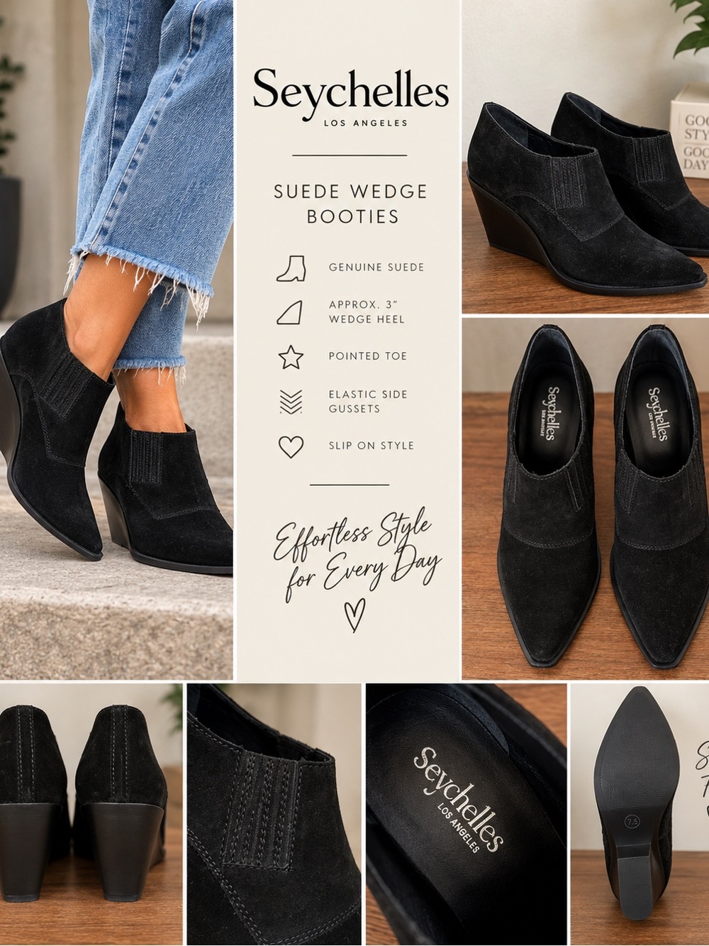 Seychelles Black Suede Pointed Toe Western Wedge Booties - Size 7.5